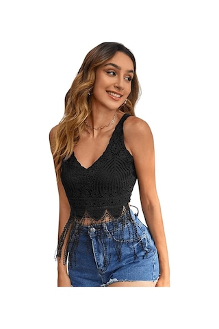 Fashion Cocktail Püsküllü Saçaklı Kalın Askılı Astarsız Egzotik Sahil Bohem Dantel Bluz Siyah Siyah