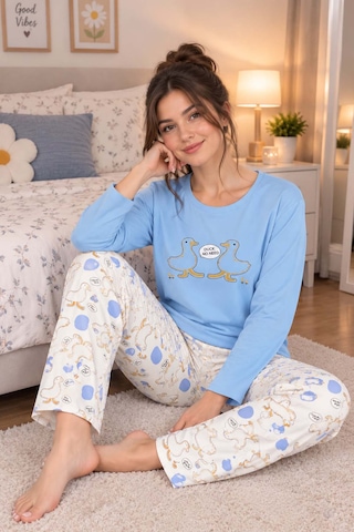 Genel Pamuklu İnterlok Kadın Pijama Takımı Açık Mavi