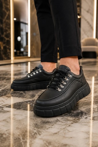 Mevese Duolc Bağcıklı Cilt Erkek Günlük Rahat Taban Sneaker Ayakkabı - Siyah