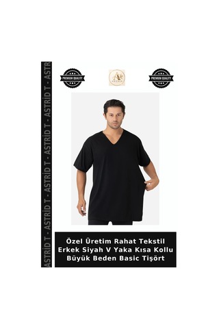 Astrid T Özel Üretim Rahat Tekstil Erkek Siyah V Yaka Kısa Kollu Büyük Beden Basic Tişört