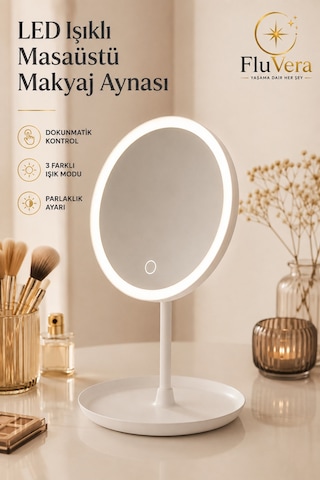 Led Işıklı Makyaj Aynası Masaüstü Dokunmatik Aydınlatmalı Güzellik Ve Cilt Bakım Aynası Beyaz