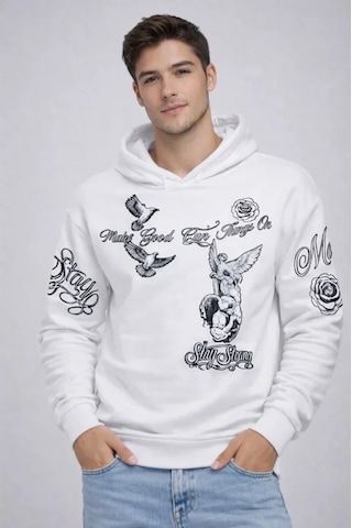 Defymoda Erkek 3 İplik Pamuklu Kapüşonlu Baskılı Sweatshirt Hoodie - Beyaz