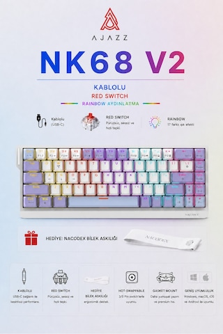 Nk68v2 Hot Swap Kablolu Mekanik Oyun Klavyesi- Red Switch-bilek Askılı