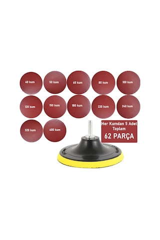 62 Parça 115 Mm Avuç Taşlama Cırt Zımpara Seti + Matkap Aparatı