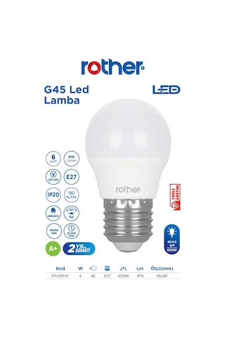 Rtl09101-10 Rother G45 Led Ampul 6w E27 470 Lümen 6500k Beyaz Işık Enerji Tasarruflu Ampul 10 Adet