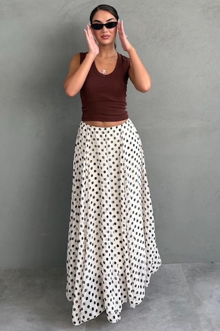 Madmext Bej Puantiye Desenli Vintage Şifon Maxi Etek Mg2776