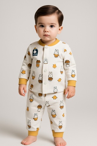Uğur Bebe Miniworld %100 Pamuk Önden Çıtçıtlı Yumuşacık Bebek Pijama Takımı Rahat Ve Annelerin İlk Tercihi Sarı Krem Sarı Krem