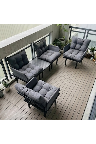 Bahçe Takımı Balkon Ve Cafe Modüler Metal Koltuk Takımı 2+1+1 Sehpalı Füme 1636 Füme
