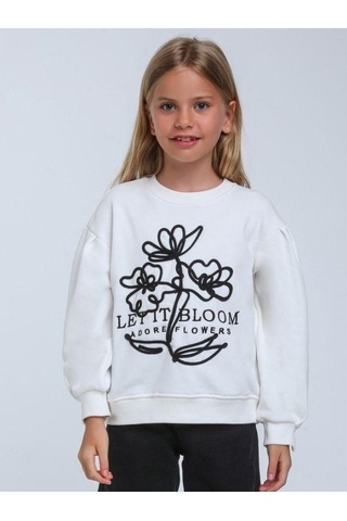 Kız Çocuk Çiçek Nakışlı Sweatshirt-14248 Beyaz