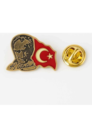 Atatürk Ve Dalgalı Türk Bayrağı Gold Rozet Parlak Metal Yaka Rozeti Gri