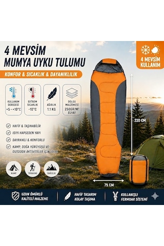 4 Mevsim Mumya Tip Uyku Tulumu -10 C Konforlu Kamp Uyku Tulumu Yıkanabilir Turuncu