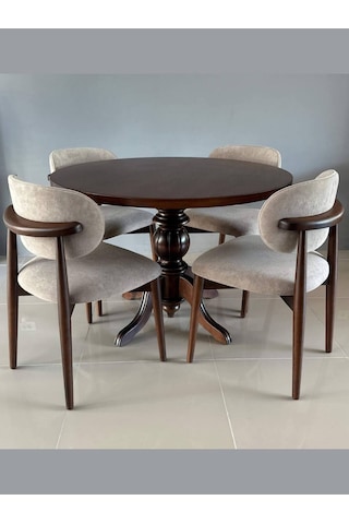 Elegansia Masa Takımı, Masif Ahşap Ayak, Klasik Tasarım, Yuvarlak Masa, 4 Brugge Sandalyeli Çok Renkli