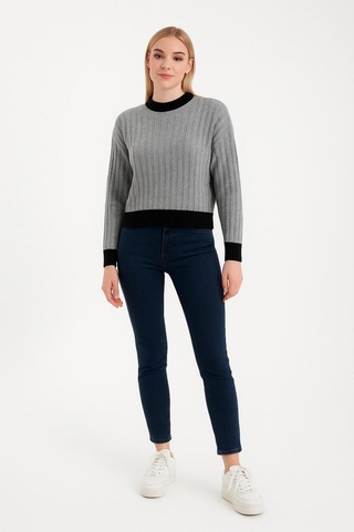 Hira Life Fashion Kadın Bisiklet Yaka Fitili Ve Şerit Detaylı Crop Triko Kısa Kazak Gri Gri