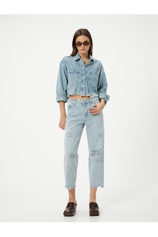 Koton Çok Yıpratmalı Kısa Düz Kesik Paça Kot Pantolon Cepli - Eve Straight Jeans Açık İndigo 4sal40409md Açık İndigo