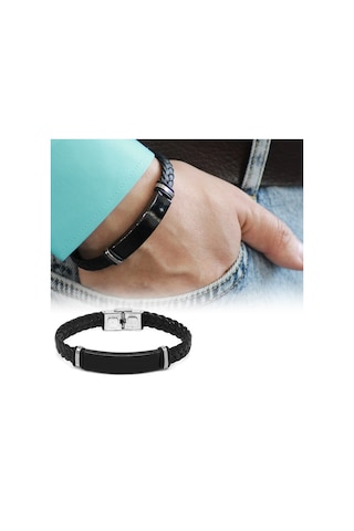 Kişiye Özel İsim Yazılı Balık Sırtı Tasarım Çelik-deri Kombinli Erkek Bileklik Model-1 Siyah