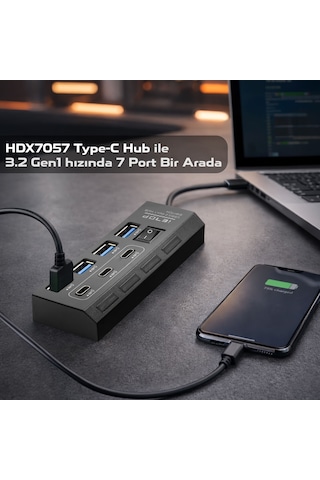 İetop Hdx7057 Type-c 3.2 Gen1 Anahtarlı Hub 7 Port 5 Gbps Siyah