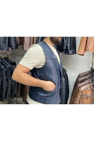 Hakiki Deri Lacivert Renk Yelek Slim Fit Kesim Lacivert