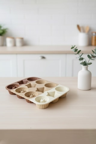 12'li Silikon Cupcake Kalıbı Kek Ve Kurabiye Kalıp Seti Çok Amaçlı Pişirme Kalıbı Bej