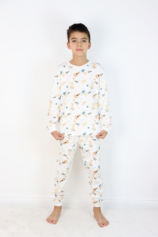 Erkek Çocuk Baskılı İnterlok Kumaş Uzun Kollu Pijama Takımı Beyaz - Gri