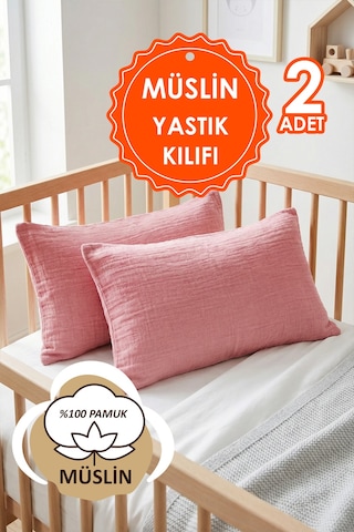 Çift Katlı Müslin Çocuk Yastık Kılıfı %100 Pamuk 35x45 cm 2’li Bebek Çocuk Kılıf Seti Gül Kurusu
