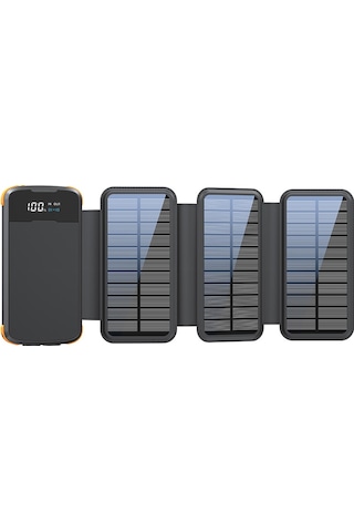 20000mah Solar Powerbank - Katlanabilir 4 Panel, Darbeye Dayanıklı Kasa Ve Fenerli Kamp Şarj Aleti Siyah Turuncu