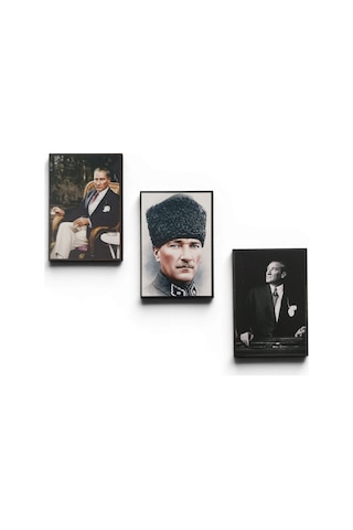Hediyelik Atatürk Ahşap Magnet Seti 3 Adet - No:4 Kaliteli İşçilik Özel Baskı Karışık Renkli