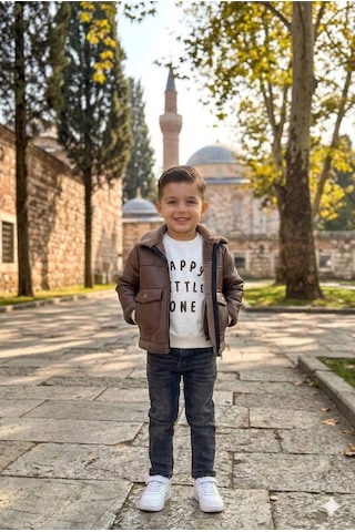 Erkek Çocuk Kahverengi Kürklü İçi Yünlü Deri Mont 3 Lü Takım Kahverengi