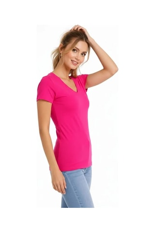 Efnaz Style 3lü V Yaka Tişört Kısa Kollu Yazlık Slim Fit Body - Pembe, Açık Mavi, Ekru Çok Renkli