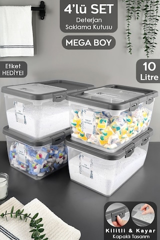 4 Adet Etiketli Deterjan Saklama Kutusu - Kilitli Kayar Kapak Tablet Toz Deterjan Kabı 10 Lt Gri Gri