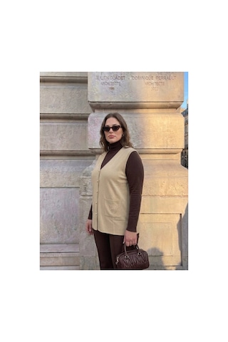 Onno Style Women Cebi Kelebek Taşlı Çelik Örgü Klasik Triko Yelek Krem