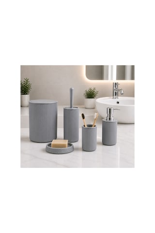 5 Li Banyo Seti Çizgili Tasarım 6,25 L Çöp Kovası + Wc Fırçası + Sıvı Sabunluk + Diş Fırçalık + Katı Sabunluk Modern Banyo Aksesuar Seti Gri