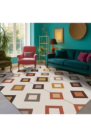 Turkıshrug Kıngdom Çok Renkli Şönil Halı El Halısı Görünümlü Saçaklı Modern Kilim