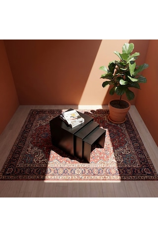 Modern Metal Zigon Sehpa Seti Minimal Tasarım İç İçe Geçen Yan Sehpa 3 Lü Set Siyah