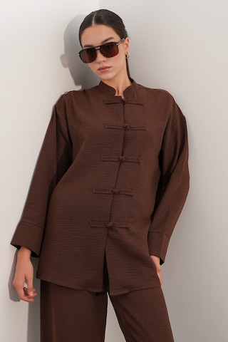 Bigdart Kadın Oversize Gömlek Pantolon Keten İkili Takım 30126 - Kahverengi