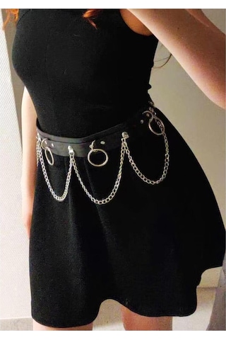 Zaga Oyun Metal Halkalı Zincir Detaylı Gotik Harness Kemer Çok Renkli