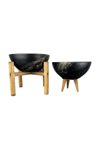 Siyah Gold Mermer Efektli 3-4 Ayaklı Toprak Saksı İkili Set - 20 Cm Çap
