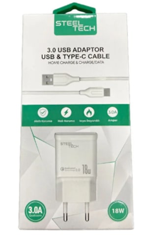 Steeltech 3.0a Usb Adaptör Usb & Type-c Şarj Kablosu 18w Qualcomm Hızlı Şarj Ve Akıllı Koruma 18W Şarj Seti (Adaptör+Kablo)