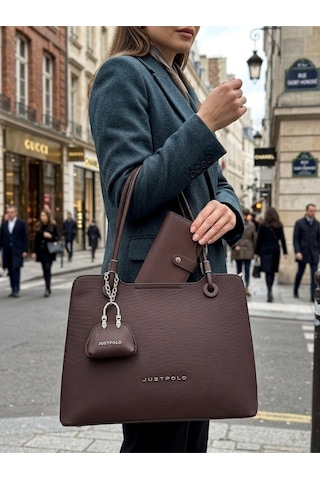 Just Polo Kadın Büyük Boy Premium Gümüş Logolu El Çantası Ve Cüzdanı Kombin Tote Bag Ebat : 22 X 34 Cm Kahverengi Kombin