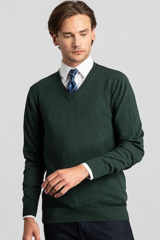 Tudors Slim Fit Dar Kesim V Yaka Pamuklu Erkek Kazak-22479 Yeşil