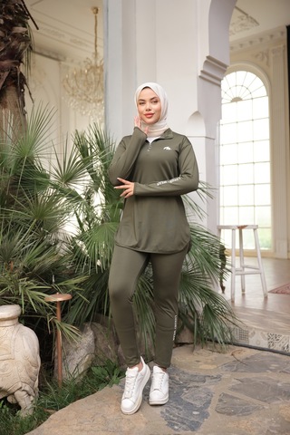 Mimi Luxury Wear Haki Kadın Fermuarlı Dalgıç Kumaş Standart Kalıp Jogger Eşofman Takımı 358