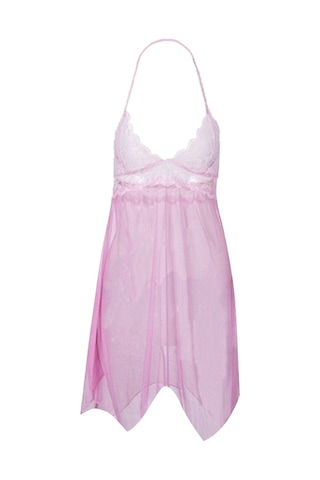 Suntek Bayan Dantel V Yaka Gecelik İç Giyim Pijama Pembe Pembe