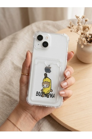 Hepsi Apple iPhone Uyumlu 14 Boş Yapma Muz Detaylı Kart Bölmeli Şeffaf Telefon Kılıfı Najmaddin Çok Renkli
