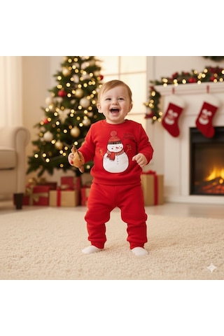Miniko Kids Bebek Yılbaşı Noel Temalı Kardan Adam Baskılı Eşofman Takımı Kırmızı