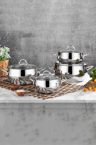 Polochef Pro Line 18/10 Paslanmaz Çelik Kulplu Derin Tencere Seti Çorba Tencere Seti 8 Parça 18-20-22-24cm Gümüş