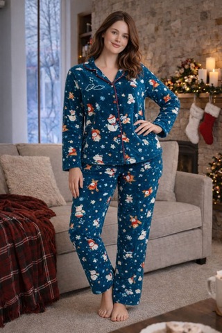 Nisanca Kışlık Yılbaşı Desenli Kadın Gömlek Polar Pijama Takımı- Geyikli Yılbaşı Pijaması- Büyük Beden Pijama Yesil