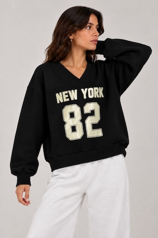 Vadon 1046 Kadın V Yaka New York Baskılı 3 İplik Pamuklu Sweatshirt Siyah