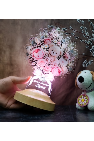 Tatlı Bir Sürpriz Ayıcık Buketi Işıklı Çiçek Buketi Led Lamba Sevgiliye Pembe Güllü Solmayan Çiçek Hediyesi