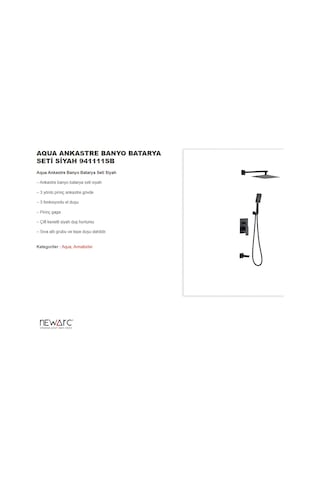 Newarc Aqua Siyah Ankastre Banyo Bataryası Set 941111sb Siyah