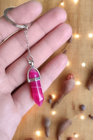 Pembe Akik Taşı Çivi Kesim Anahtarlık Orijnal Doğal Gerçek Taş Çelik Zincir Anahtarlık Doğal Taş