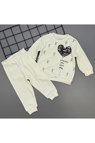 Kız Çocuk Leopar Desenli Kalp Baskılı Alt Üst İkili Gündelik Takım 1-4 Yaş Ekru